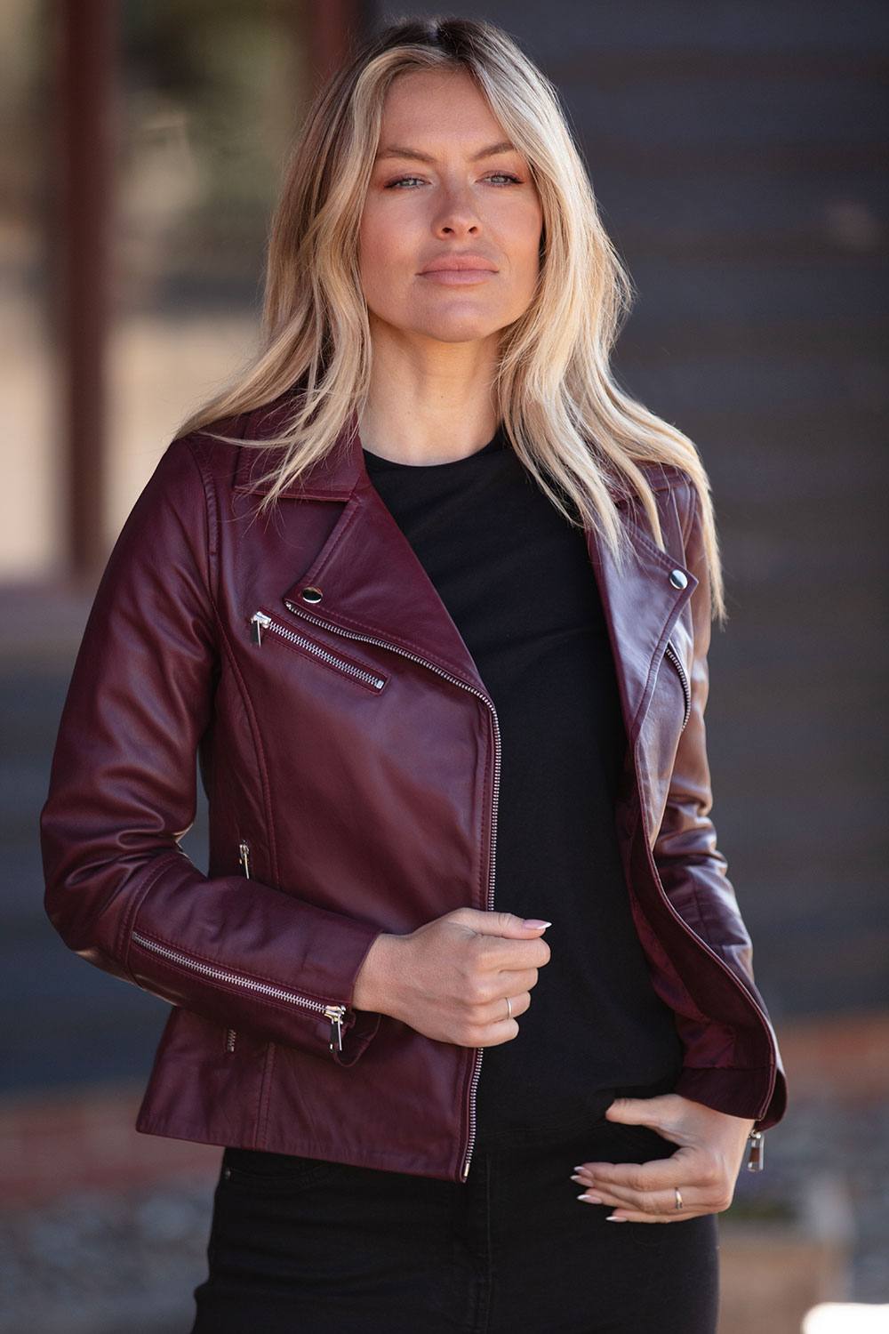 Ashwood Leather ‘giulia’ Ladies Veg Tanned Leather Biker Jacket In Burgundy Ashwood Leather ‘giulia’ Ladies Veg Tanned Leather Biker Jacket In Burgundy