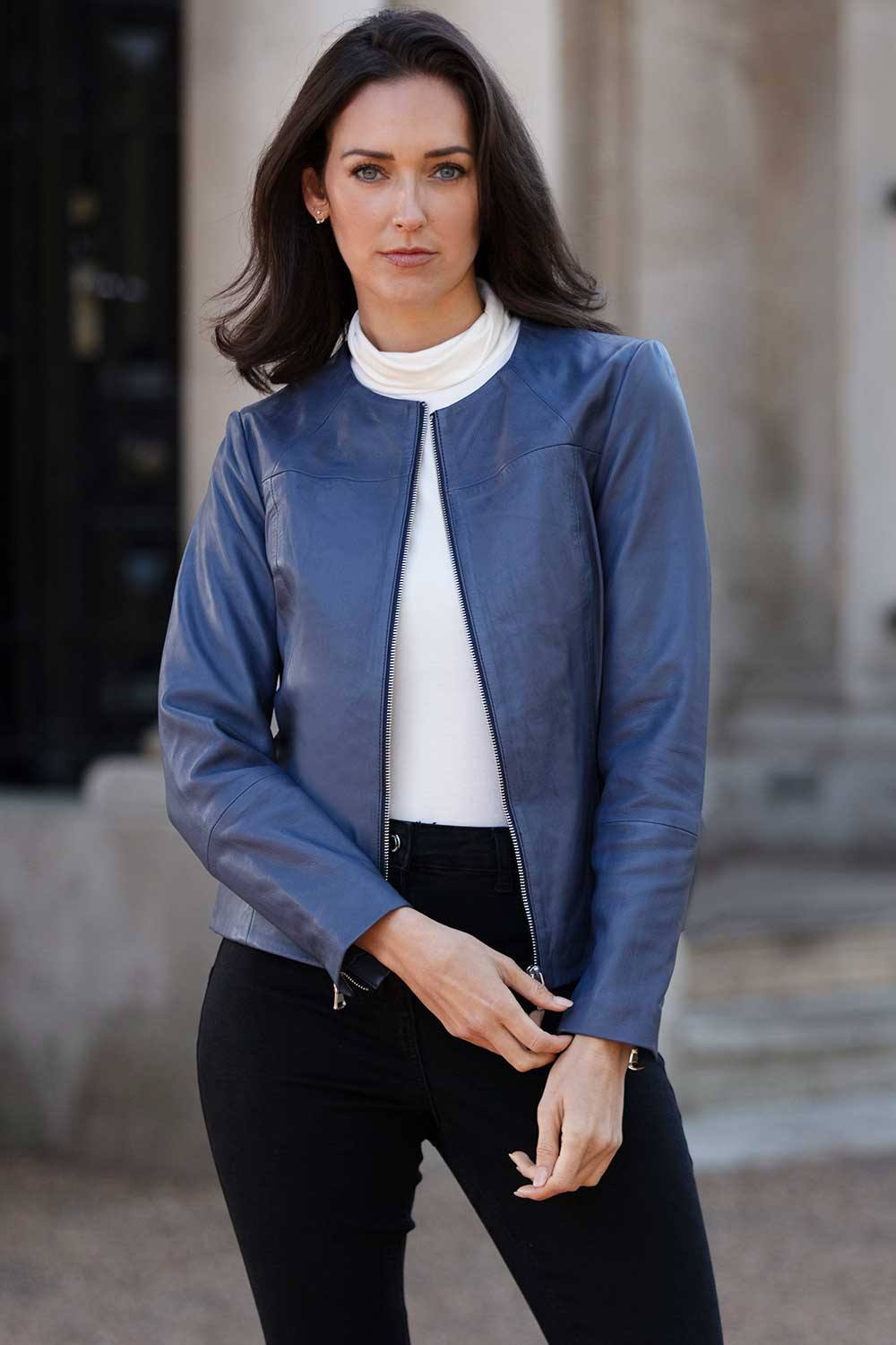 Ashwood Leather ‘francesca’ Collarless Real Leather Fashion Jacket In Blue Ashwood Leather ‘francesca’ Collarless Real Leather Fashion Jacket In Blue