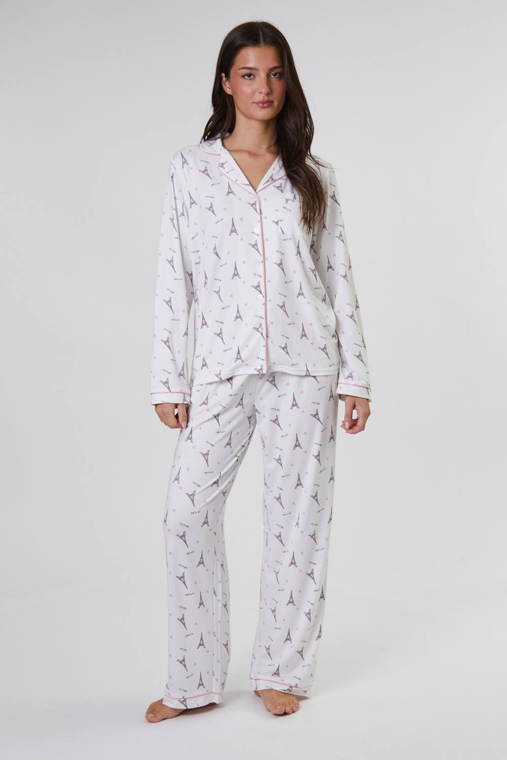 Loungeable Paris Ooh Lala Printed Traditional Long Sleeved Pyjamas In White Loungeable Paris Ooh Lala Printed Traditional Long Sleeved Pyjamas In White