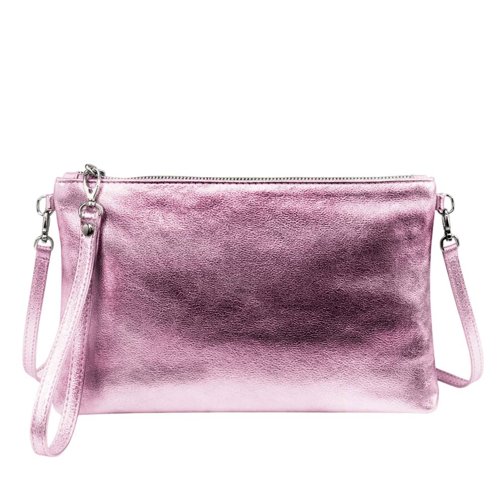 Kitise Genuine Metallic Genuine Italian Leather Slim Crossbody Clutch Bag In Pink