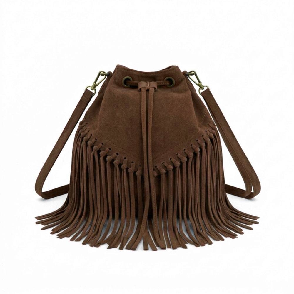 Kitise Drawstring Closure Soft Real Suede Leather Boho Fringe Bucket Bag In Dark Brown Kitise Drawstring Closure Soft Real Suede Leather Boho Fringe Bucket Bag In Dark Brown