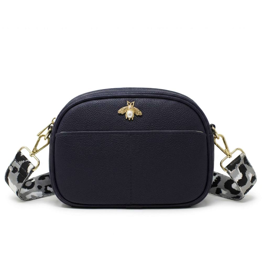 Kitise Leopard Strap Bee Details Crossbody Camera Bag With Front Pocket In Blue Kitise Leopard Strap Bee Details Crossbody Camera Bag With Front Pocket In Blue