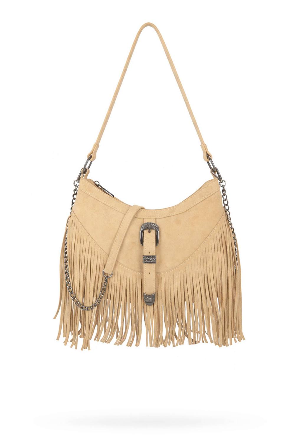 Kitise Fringe Faux Suede Shoulder Crossbody Bag With Front Buckle In Beige