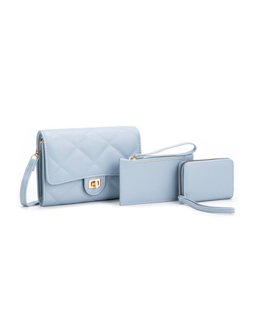 Jfy In Set Quited Check Pattern Flap Twist Lock Cross Body Bag In Light Blue
