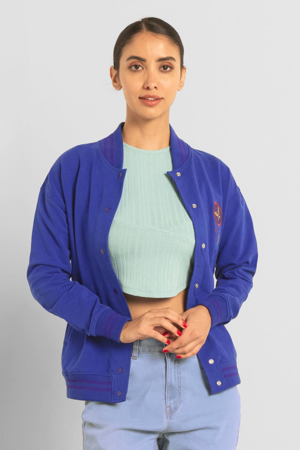 Enorsia Varsity Embroidered Jacket In Blue