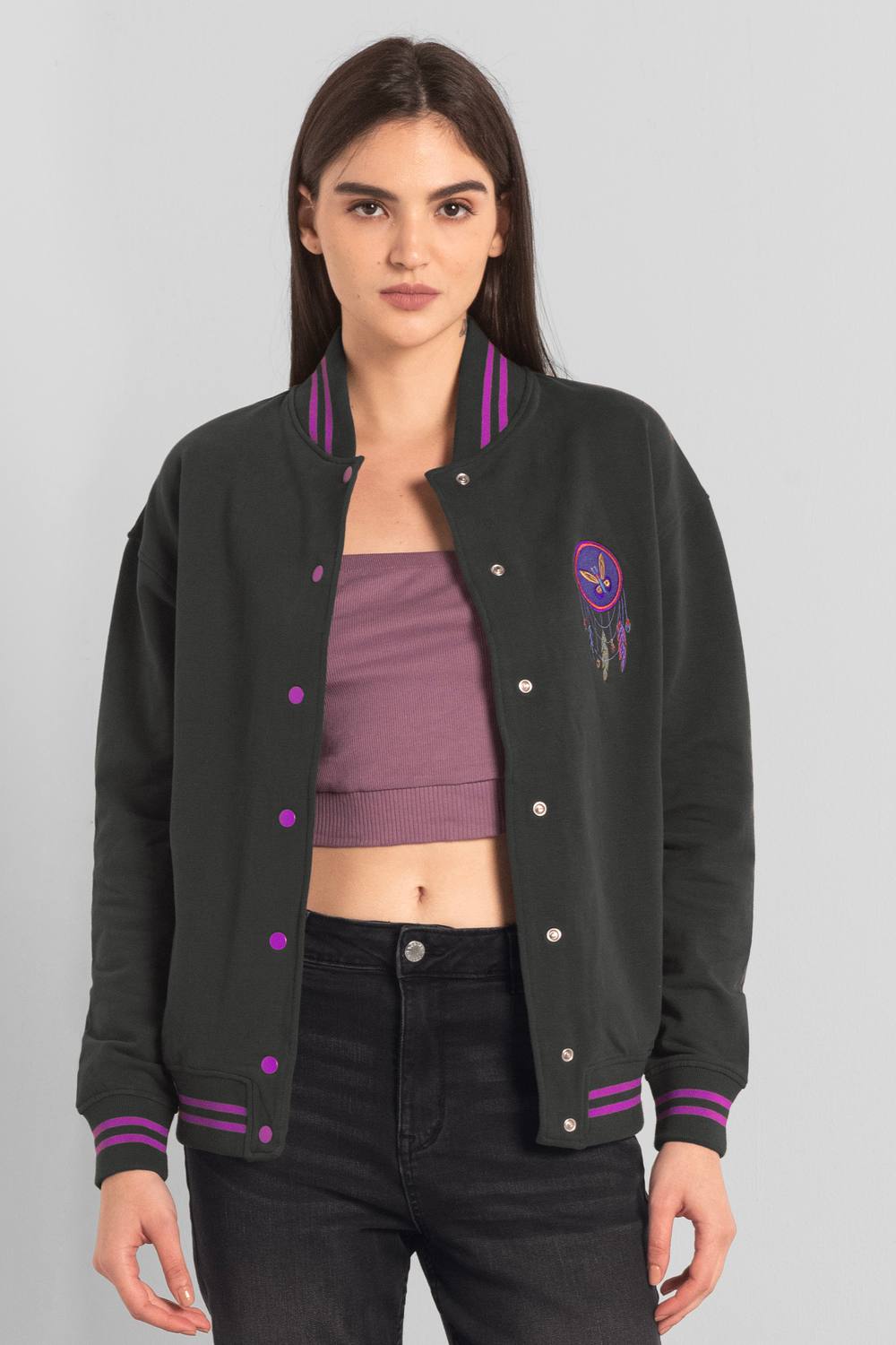 Enorsia Varsity Embroidered Jacket In Grey