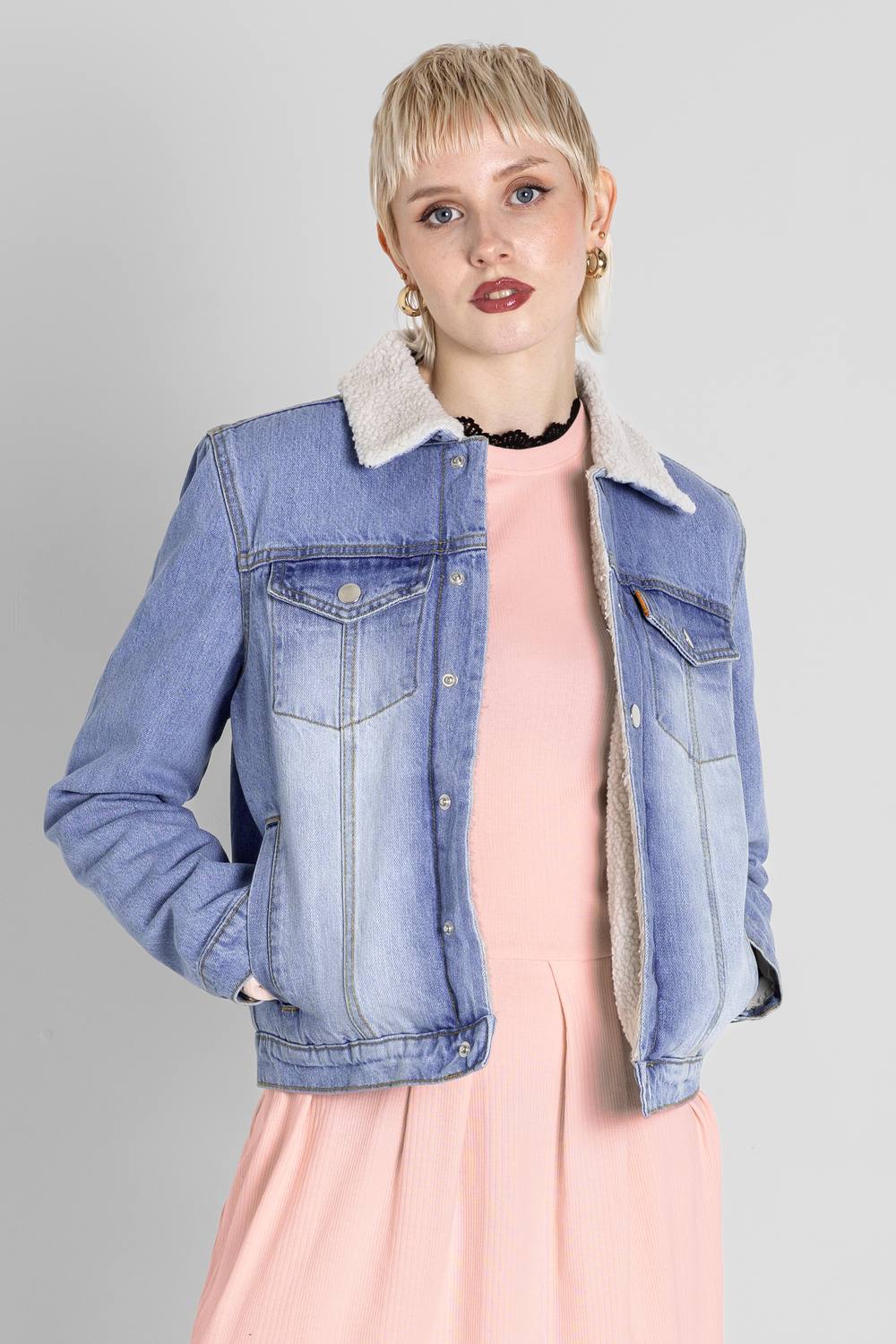 Enorsia Borg Lined Regular Fit Denim Jacket In Light Blue