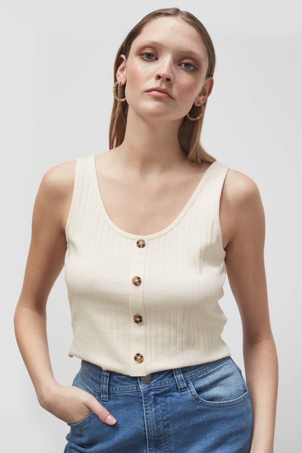 Enorsia Ribbed Front Button Tank Top In Cream