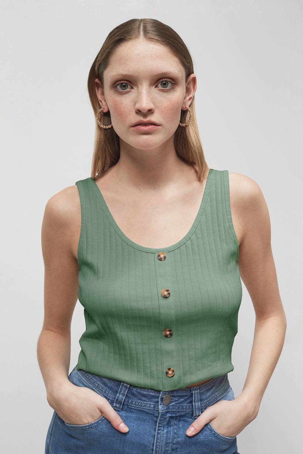 Enorsia Ribbed Front Button Tank Top In Green Enorsia Ribbed Front Button Tank Top In Green
