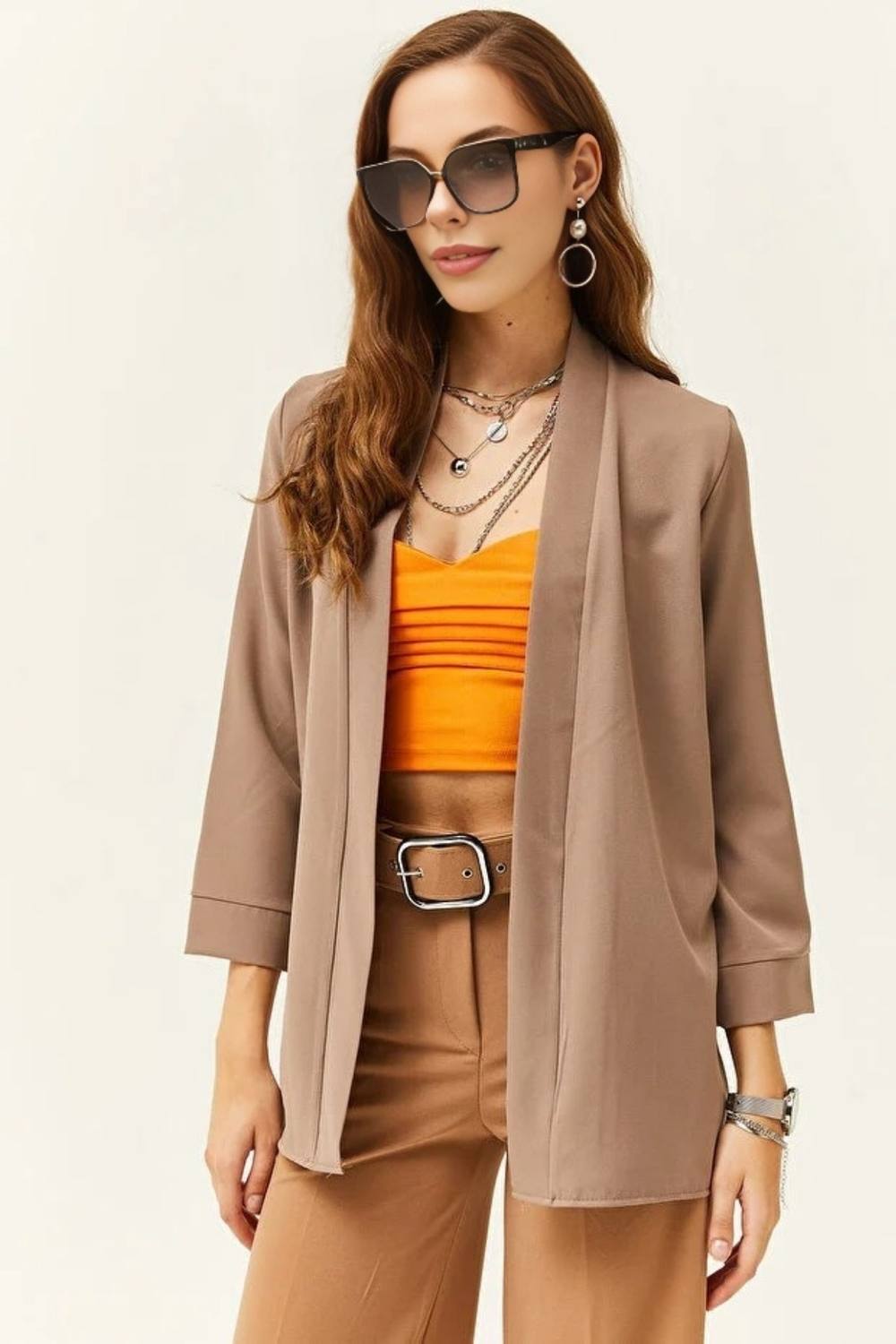 Hoxton Gal Regular Fit Satin Shawl Collar Blazer Jacket With Sleeve In Medium Beige