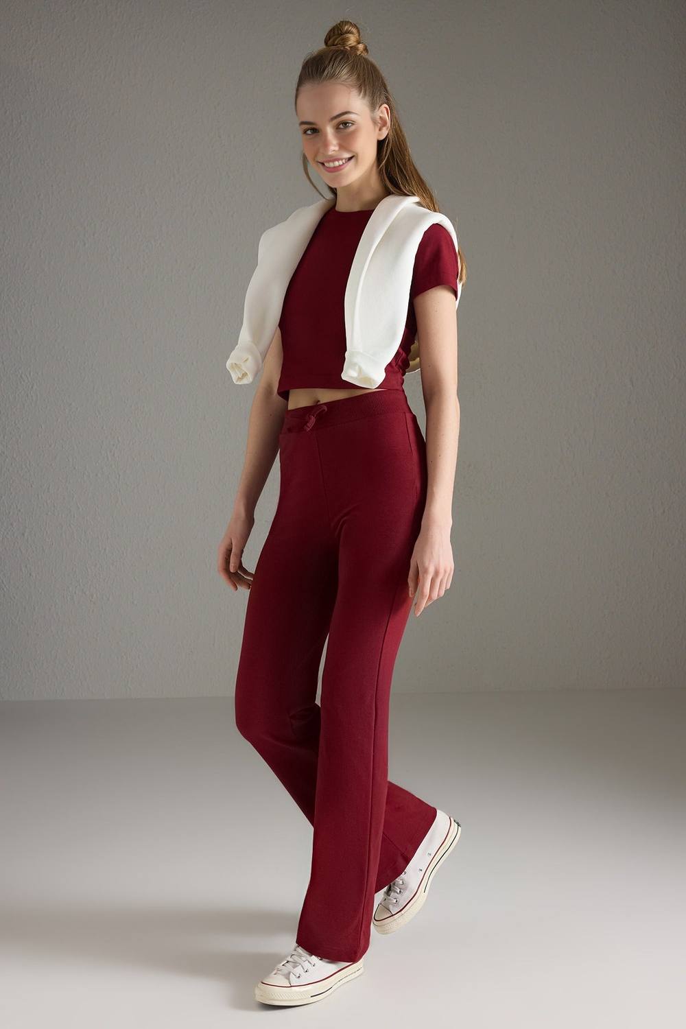 Wovcor Stretch Woven Crop Top & Trousers Co-Ord Set In Burgundy