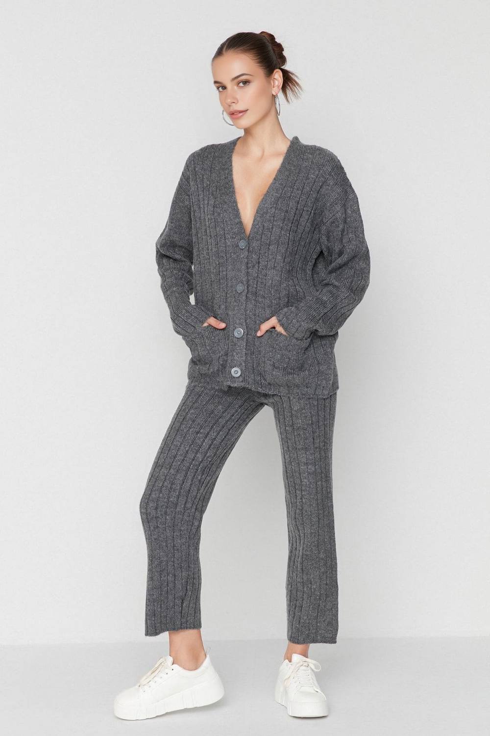 Wovcor -Piece Set Ribbed Knit Cardigan & Wide Leg Trousers In Dark Grey