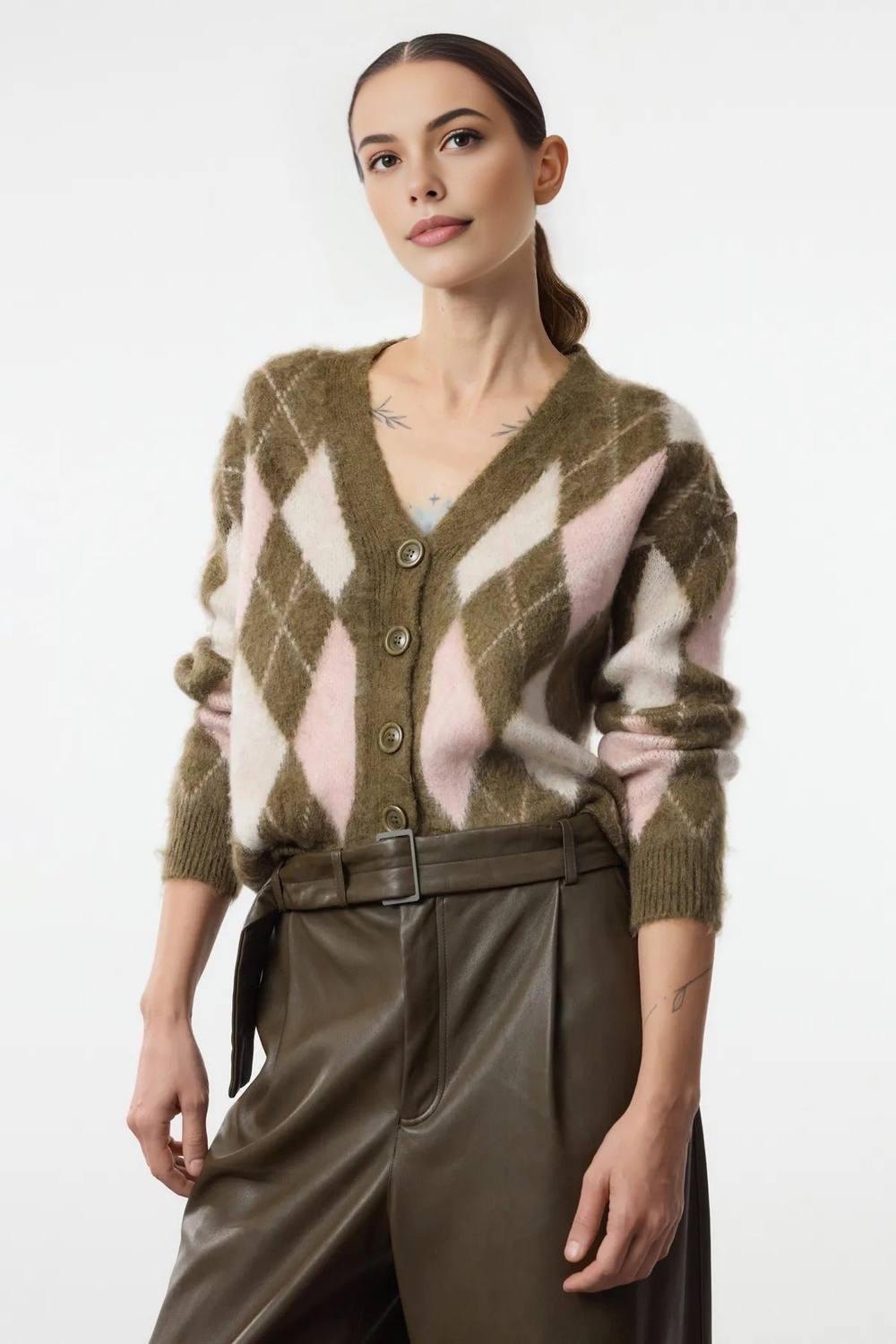 Wovcor Argyle Ribbed V-Neck Knit Cardigan With Button Front In Khaki