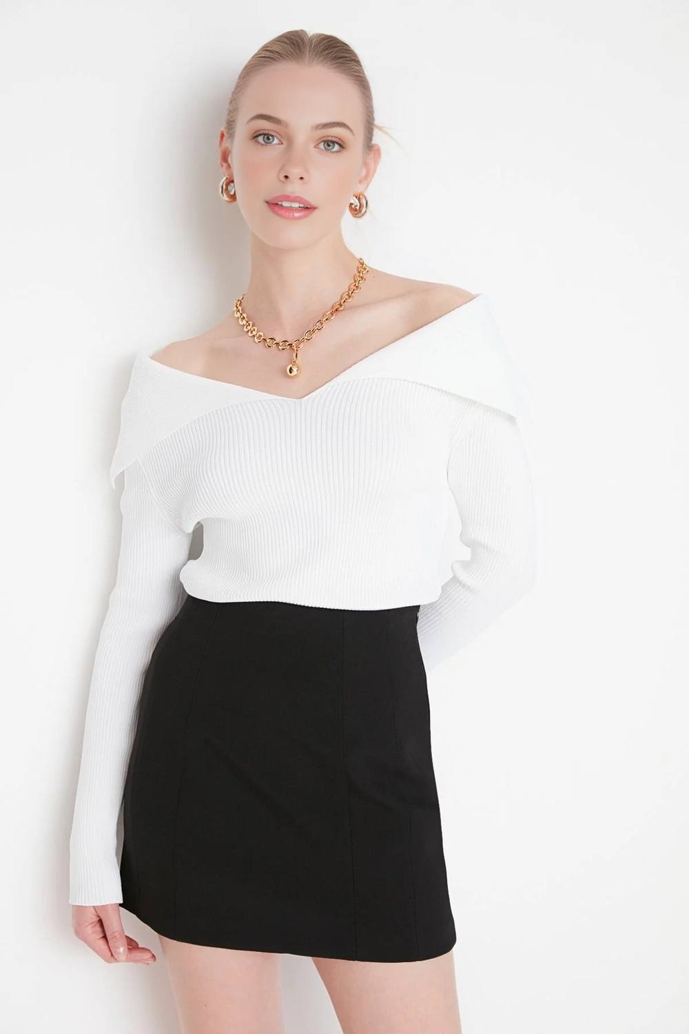 Wovcor Carmen Collar Knit Sweater Off-Shoulder Rib Knitted Jumper In White