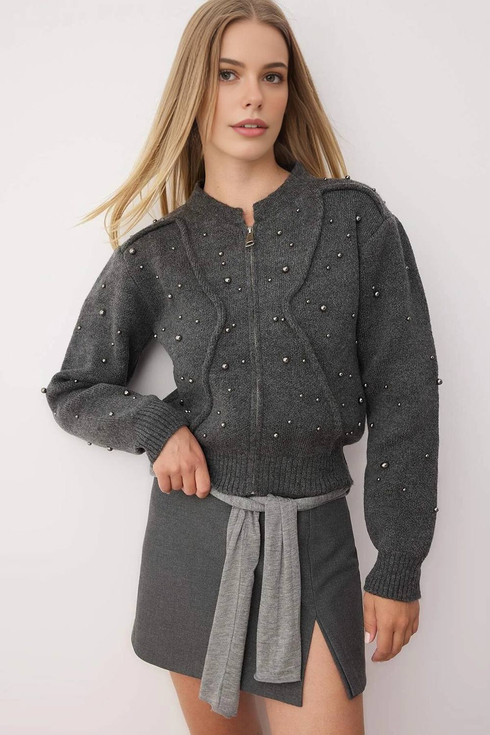 Wovcor Textured Knit Zipper Cardigan With Stone Embellishment In Dark Grey Wovcor Textured Knit Zipper Cardigan With Stone Embellishment In Dark Grey