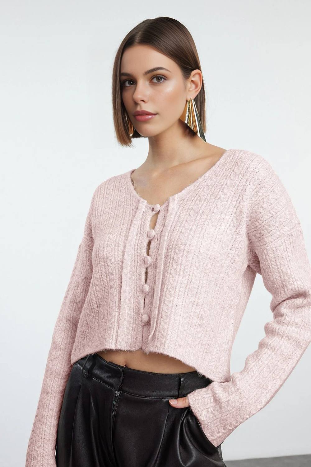 Wovcor Cropped Ribbed Knit Cardigan Button-Detail In Pink Wovcor Cropped Ribbed Knit Cardigan Button-Detail In Pink