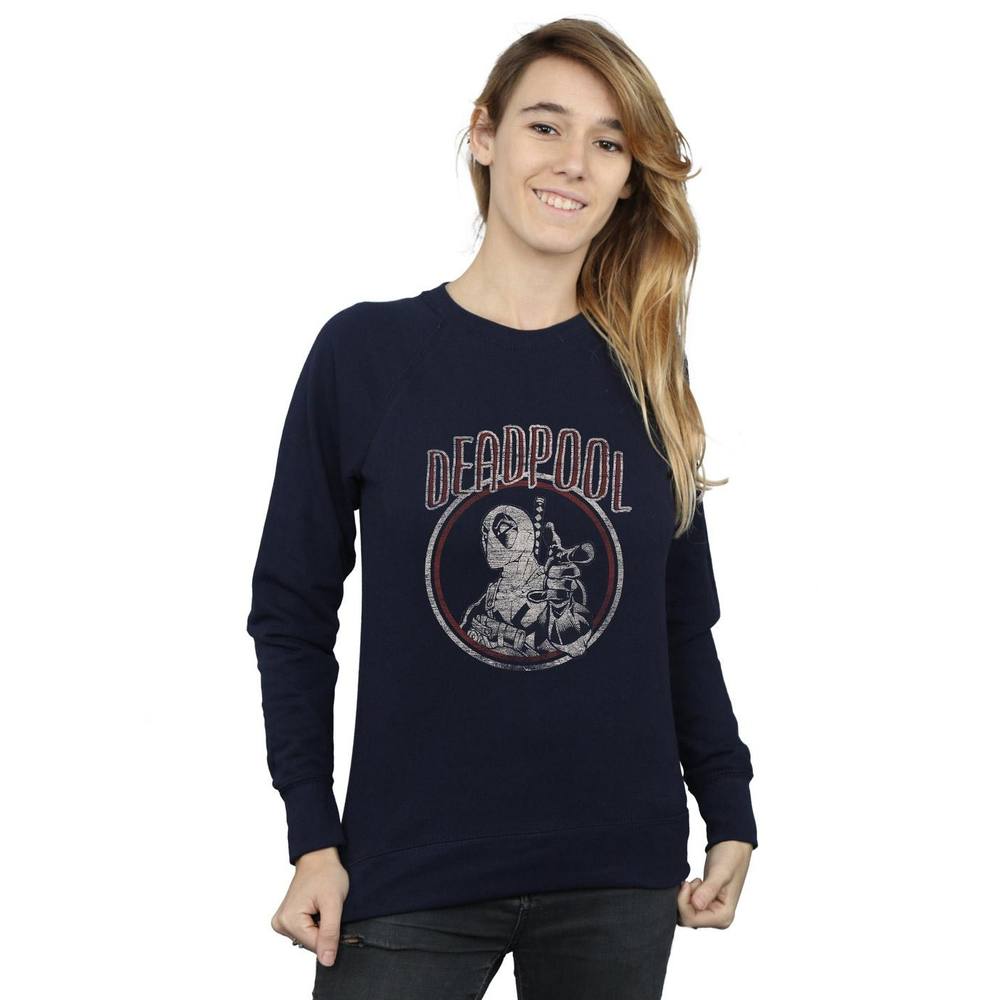 Marvel Deadpool Vintage Circle Sweatshirt In Navy Marvel Deadpool Vintage Circle Sweatshirt In Navy