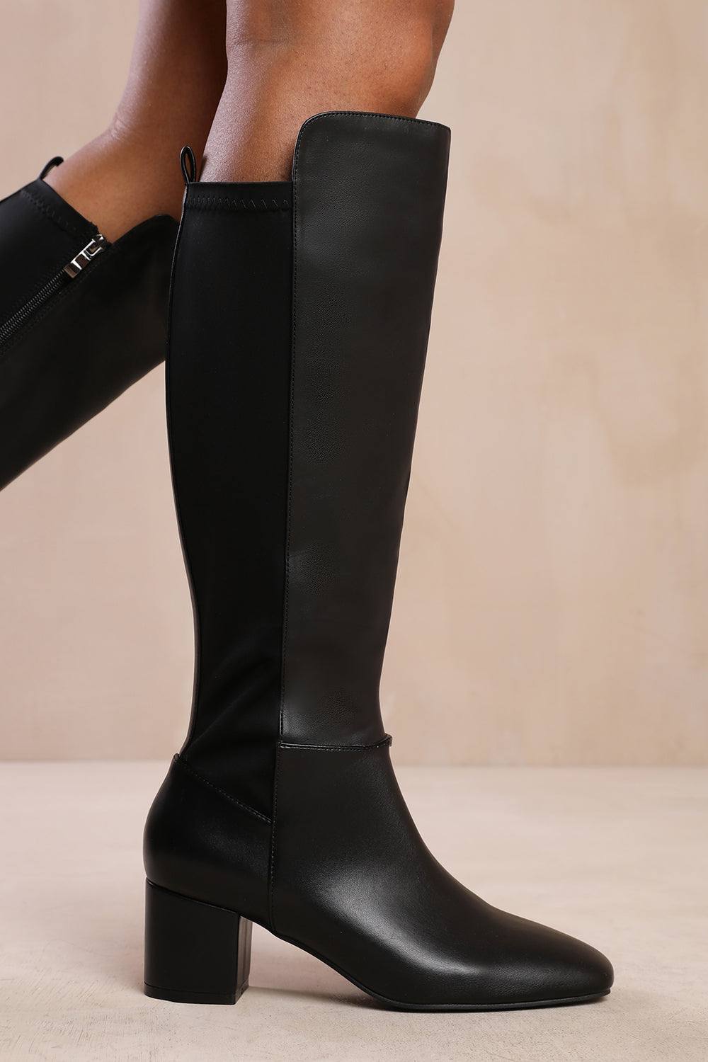 Where’s That From ‘cherish’ Block Heel Knee High Boots With Side Zip In True Black Where’s That From ‘cherish’ Block Heel Knee High Boots With Side Zip In True Black