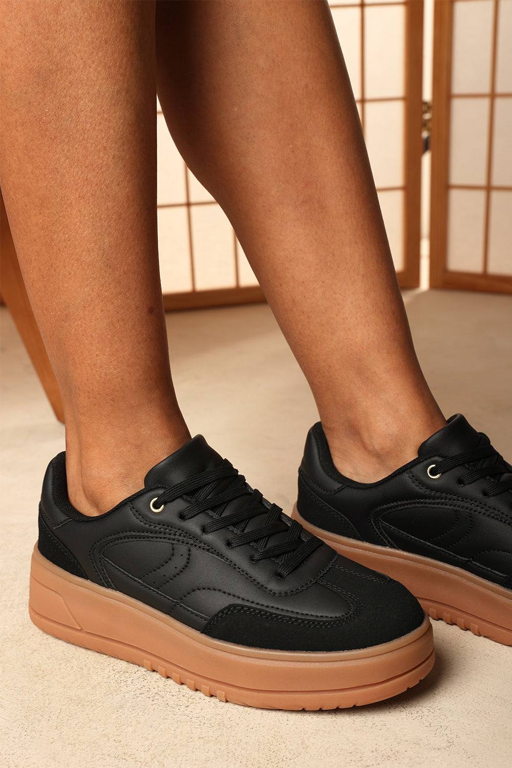 Where’s That From ‘yulia’ Low Wedge Lace Up Trainer With Leopard Print Heel Detail In Black Where’s That From ‘yulia’ Low Wedge Lace Up Trainer With Leopard Print Heel Detail In Black