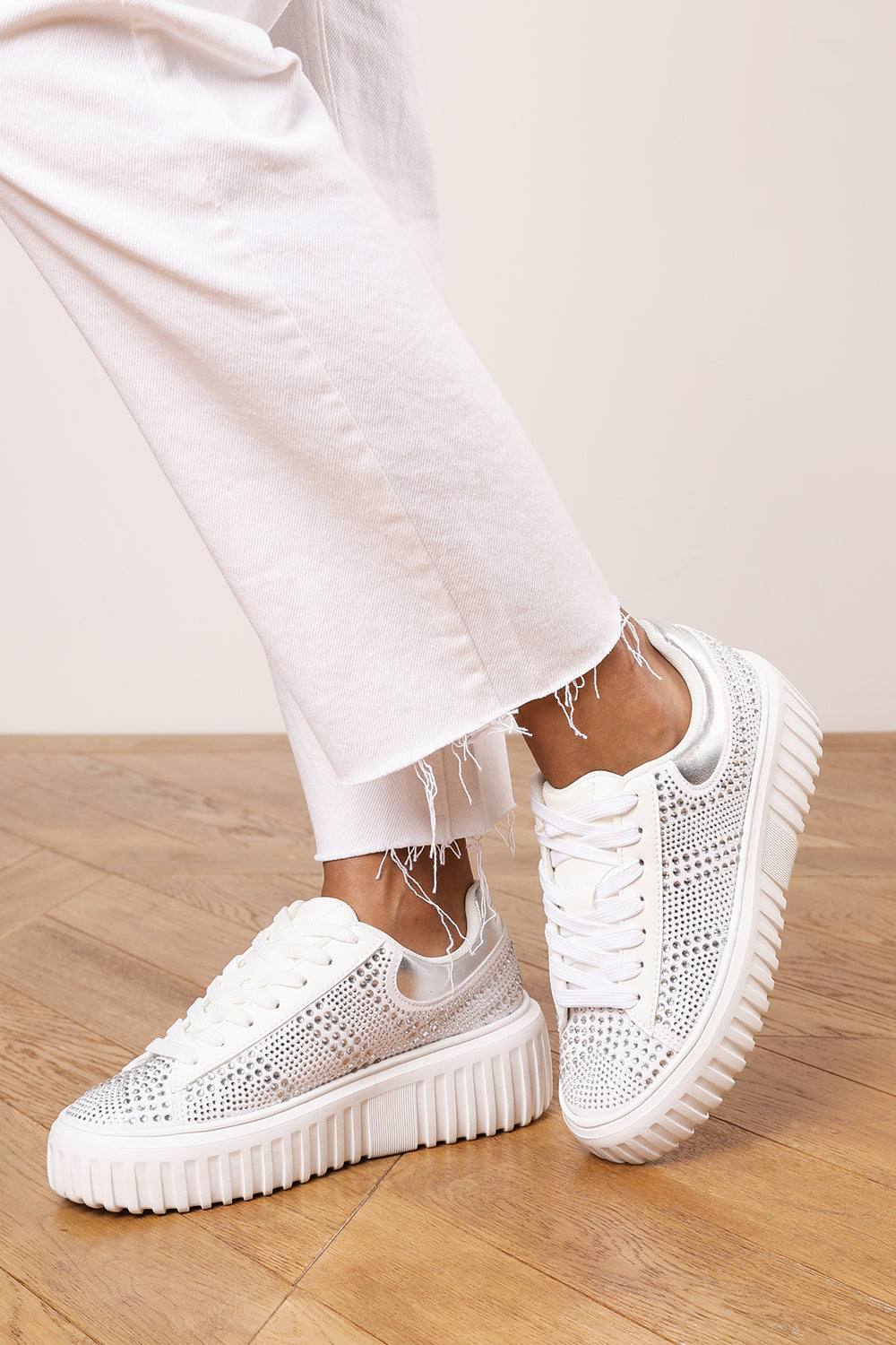Where’s That From ‘eliane’ Lace Up Trainer With Diamante Pattern And Chunky Sole In White