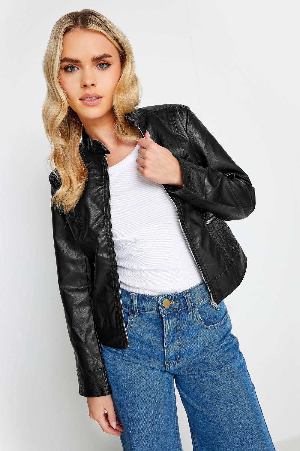 Pixiegirl Petite Collarless Faux Leather Jacket In Black