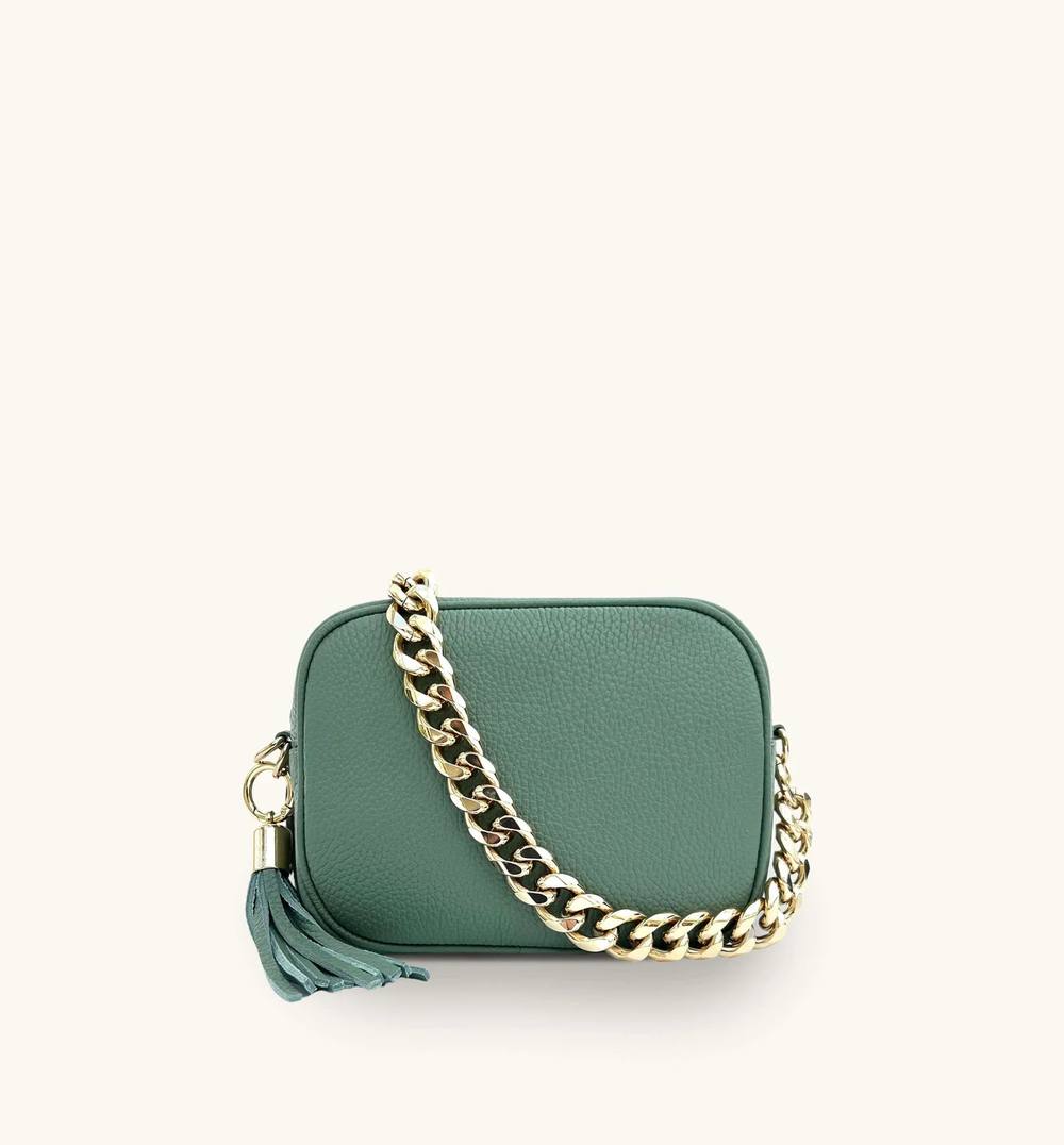 Apatchy London Leather Crossbody Bag With Gold Chain Shoulder Strap In Pale Green Apatchy London Leather Crossbody Bag With Gold Chain Shoulder Strap In Pale Green