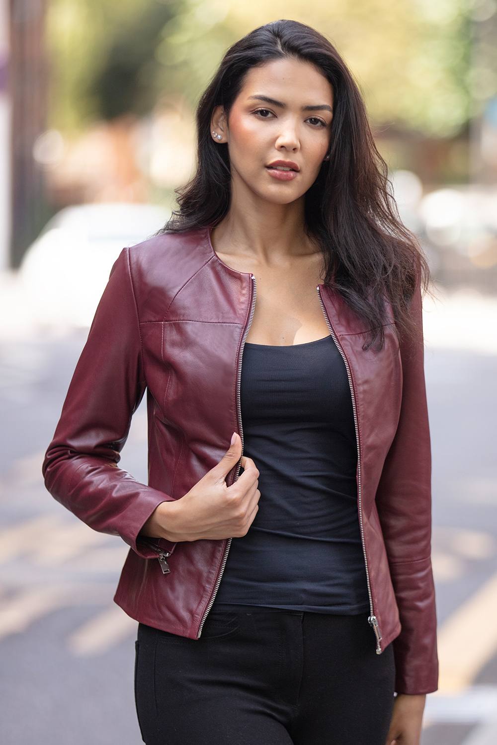 Ashwood Leather ‘francesca’ Collarless Real Leather Fashion Jacket In Wine