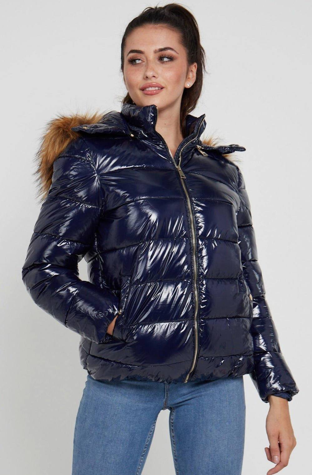 Love Sunshine Elastic Waist Shiny Puffer Jacket With Faux Fur On Hood In Navy