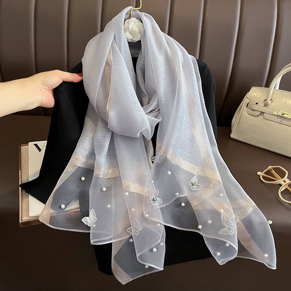 Peach Accessories Silk Scarf With Embroidered Butterflies & Pearls In Grey