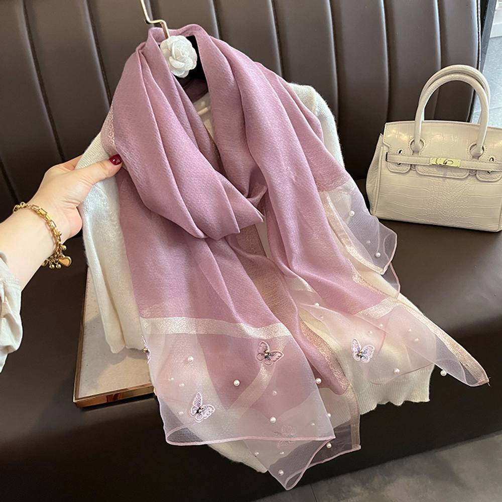 Peach Accessories Silk Scarf With Embroidered Butterflies & Pearls In Mauve