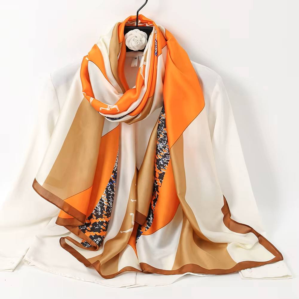 Peach Accessories Orange And Cream Horse Motif Satin Scarf