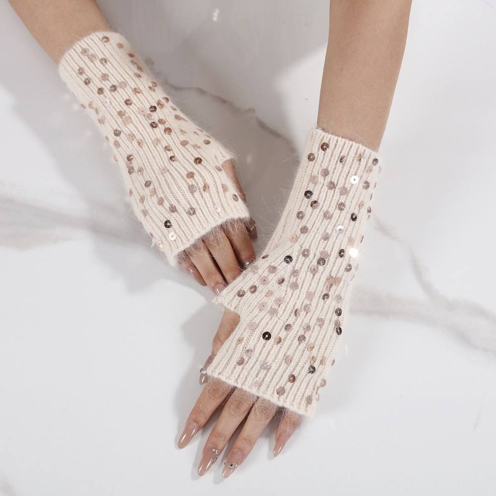 Peach Accessories Sequin Fingerless Winter Gloves In Beige