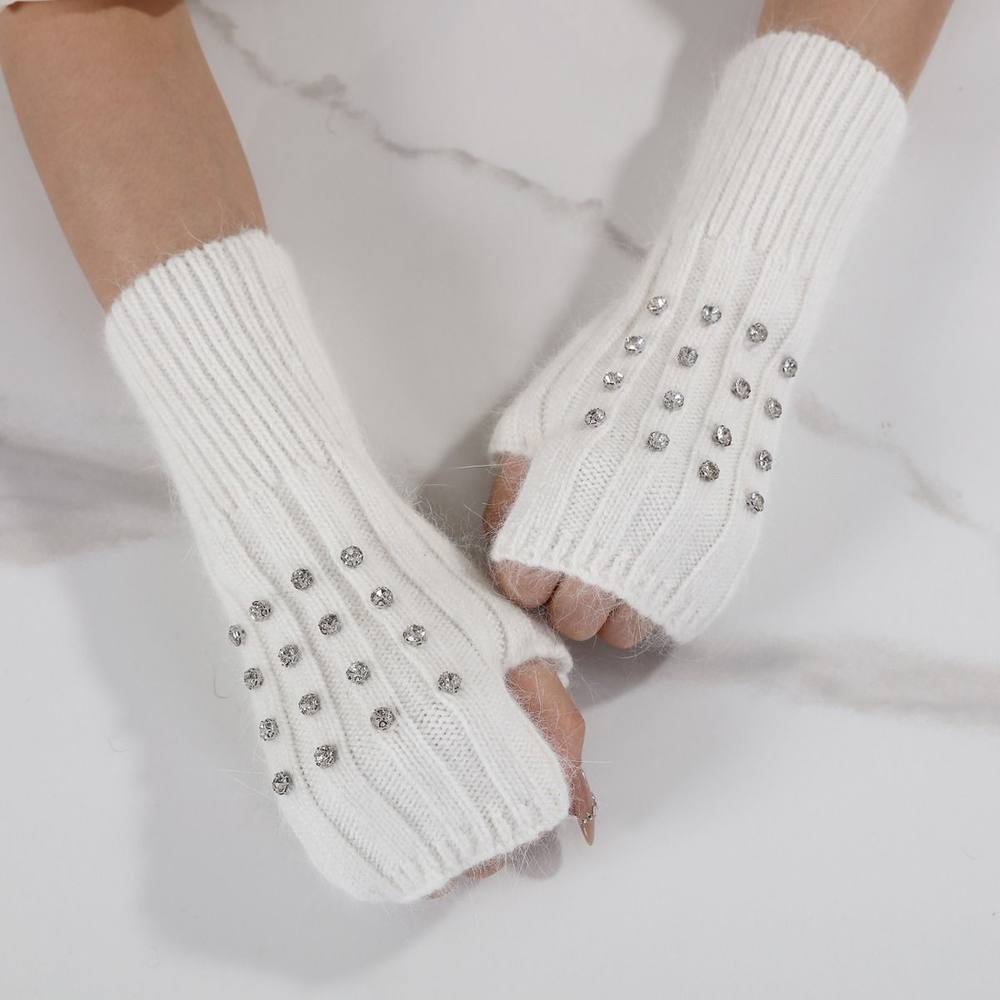 Peach Accessories Soft Knitted Fingerless Gloves With Rhinestones In Ivory Peach Accessories Soft Knitted Fingerless Gloves With Rhinestones In Ivory