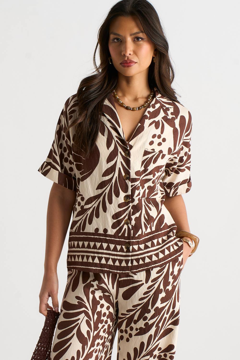 Gini London Chocolate Border Print Resort Shirt In Brown Gini London Chocolate Border Print Resort Shirt In Brown