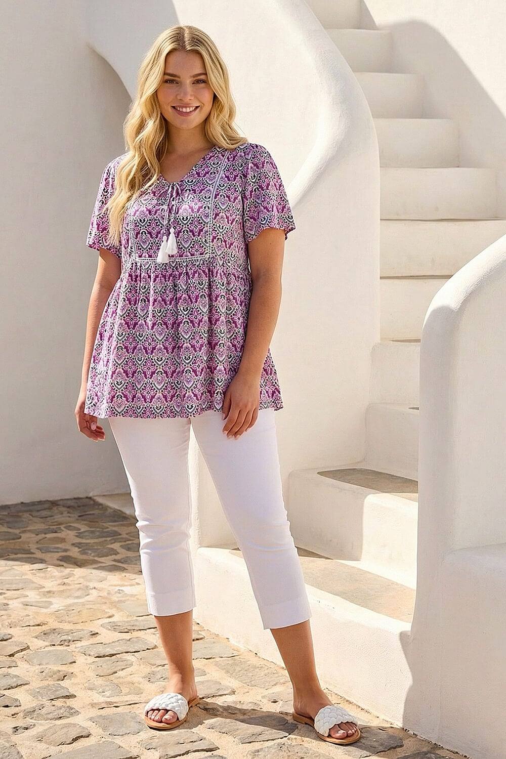 Roman Curve Tie Front V-Neck Boho Printed Top In Purple