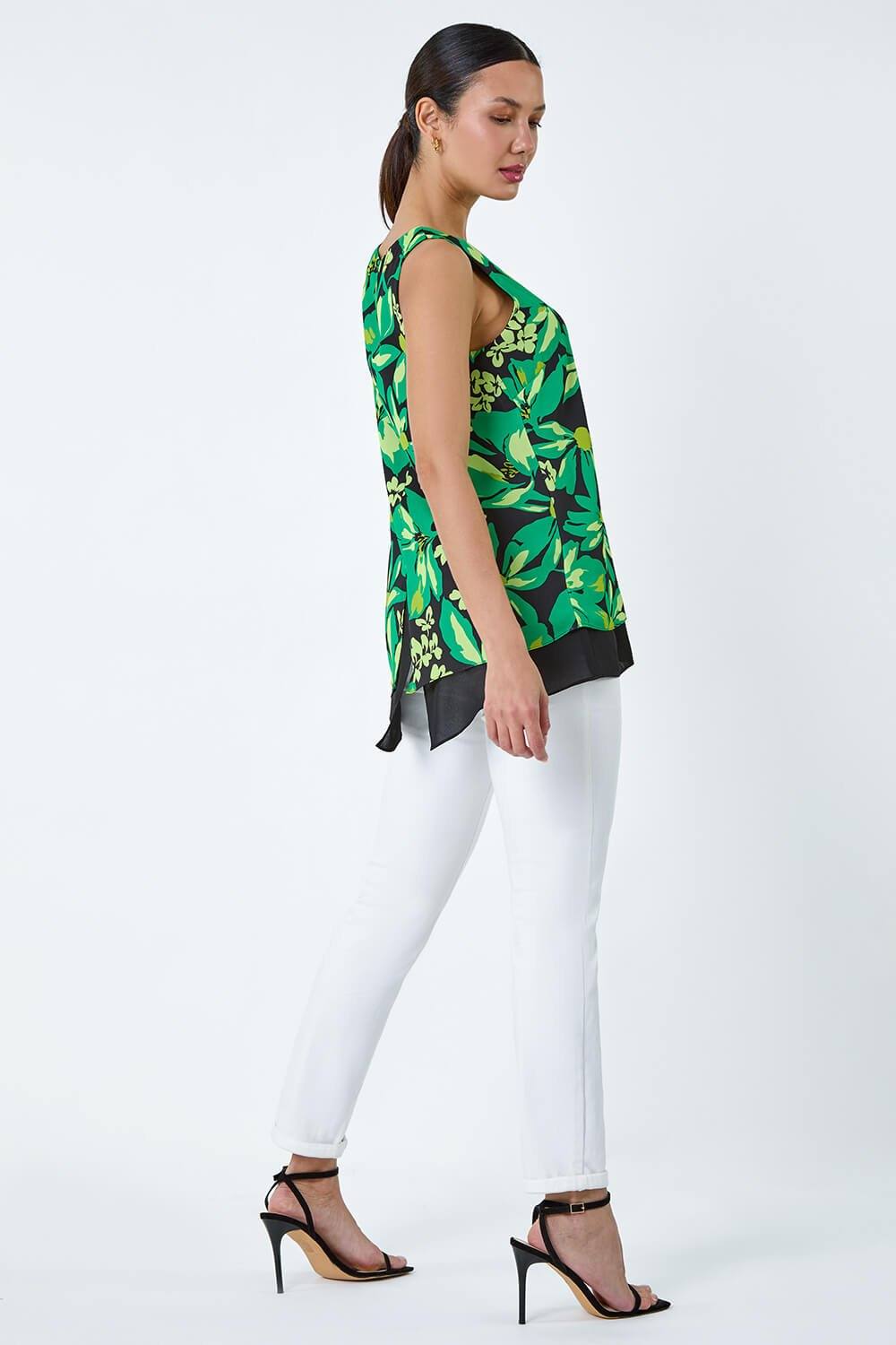 Roman Floral Print V-Neck Double Layer Vest Top In Green