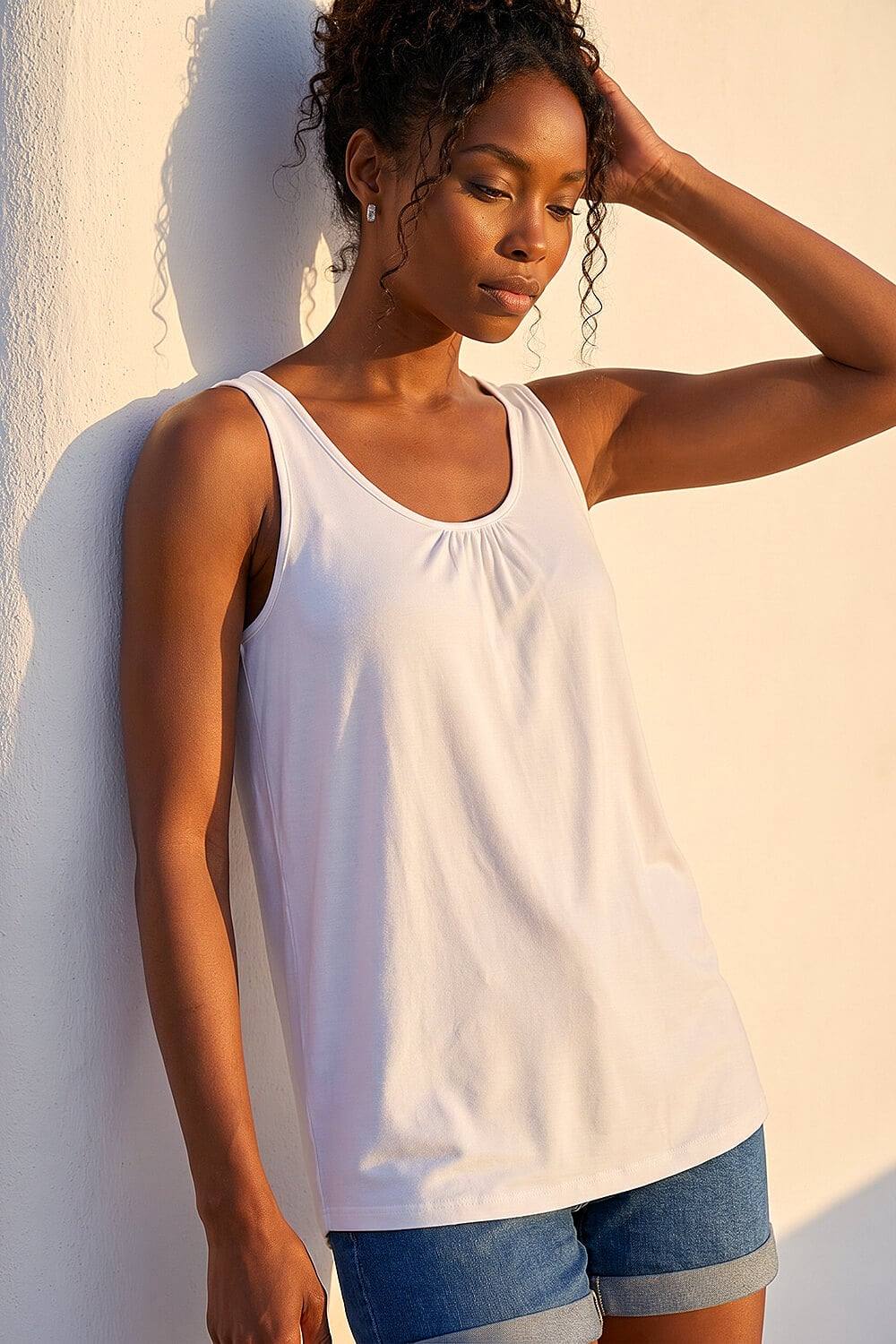 Roman Plain V-Neck Stretch Jersey Vest Top In Ivory