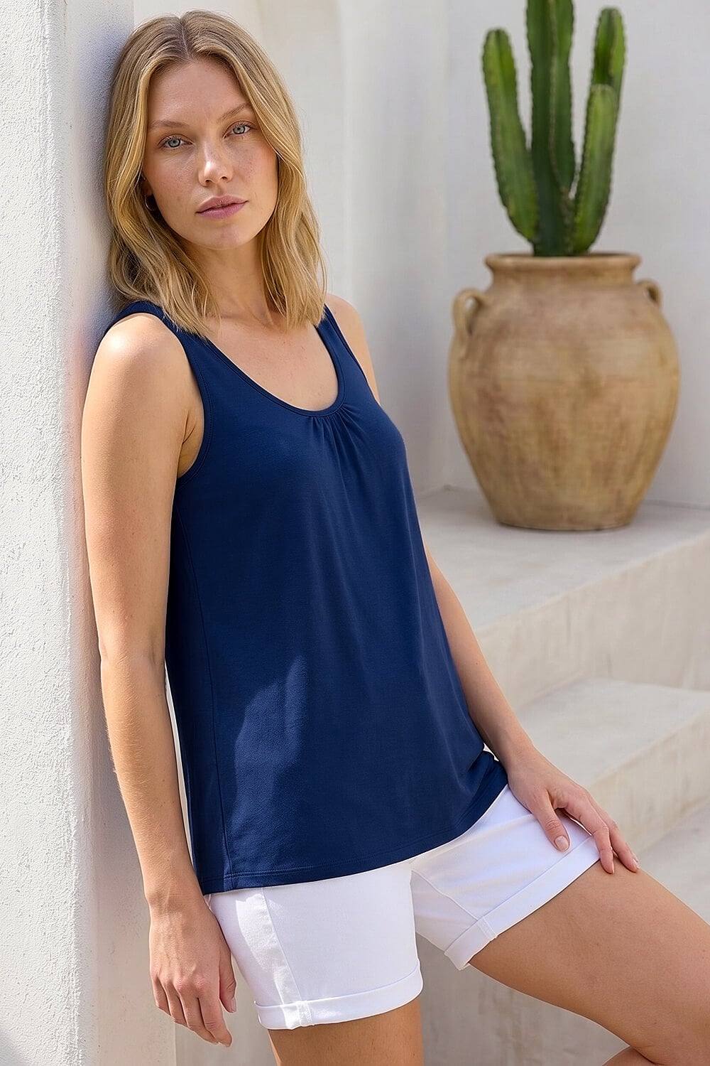 Roman Plain V-Neck Stretch Jersey Vest Top In Navy