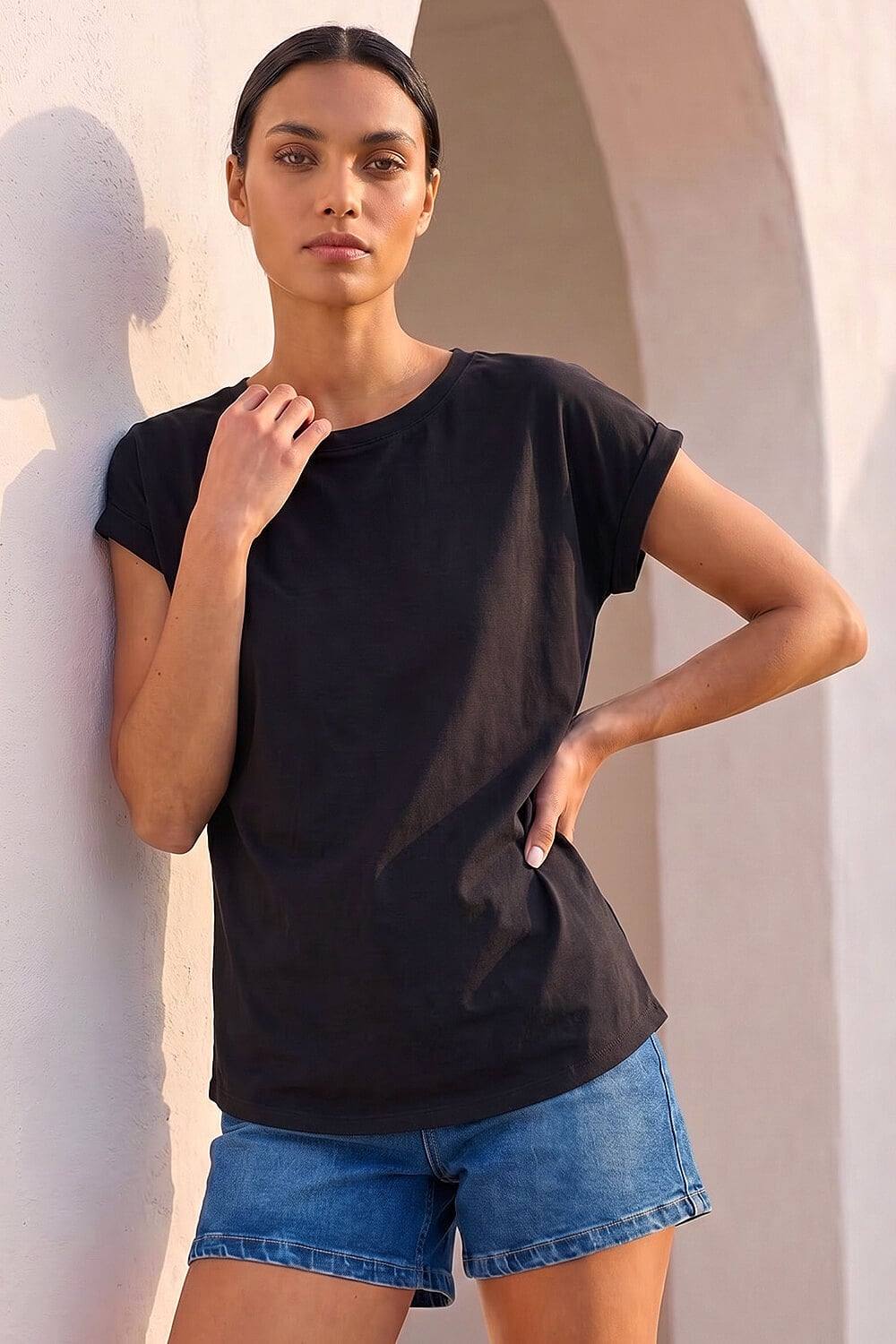 Roman Plain Stretch Cotton Jersey Shirt In Black