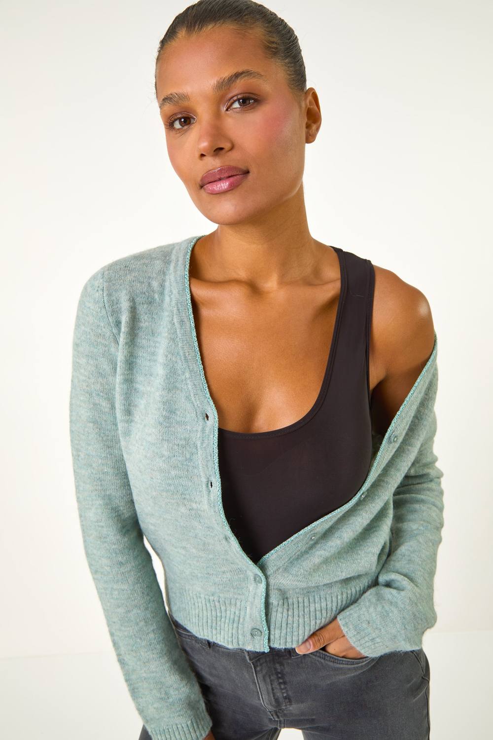 Roman Shimmer V-Neck Ribbed Cardigan In Dark Green