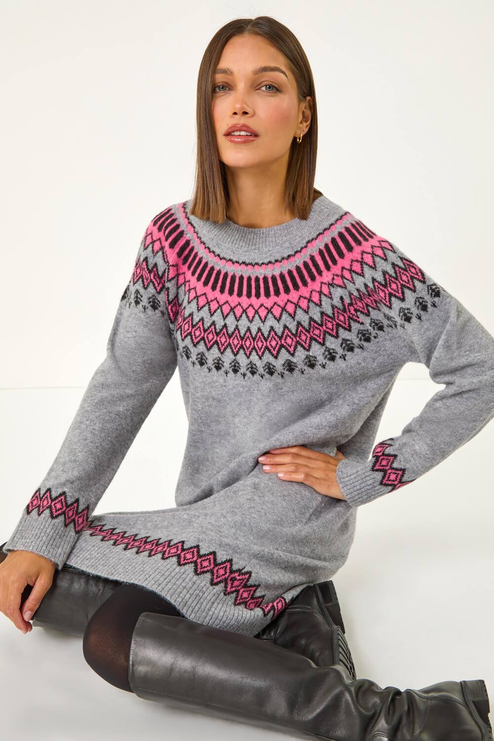 Roman Soft Knit Fairisle Jumper Dress In Grey Roman Soft Knit Fairisle Jumper Dress In Grey