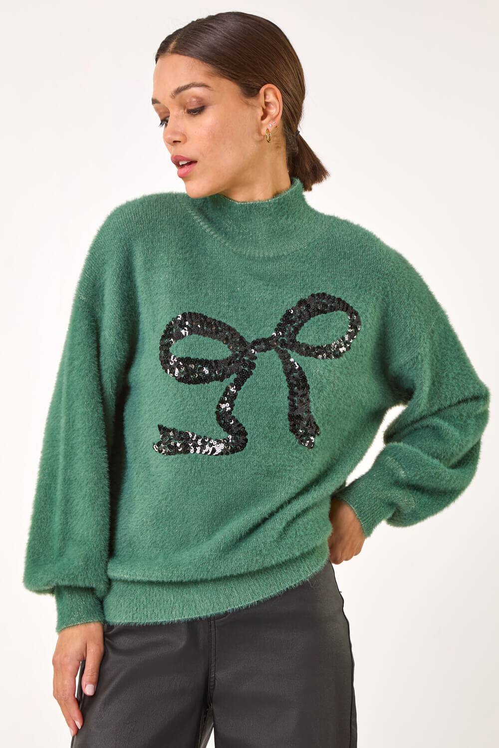 Roman Festive Sequin Bow Knit Jumper In Green