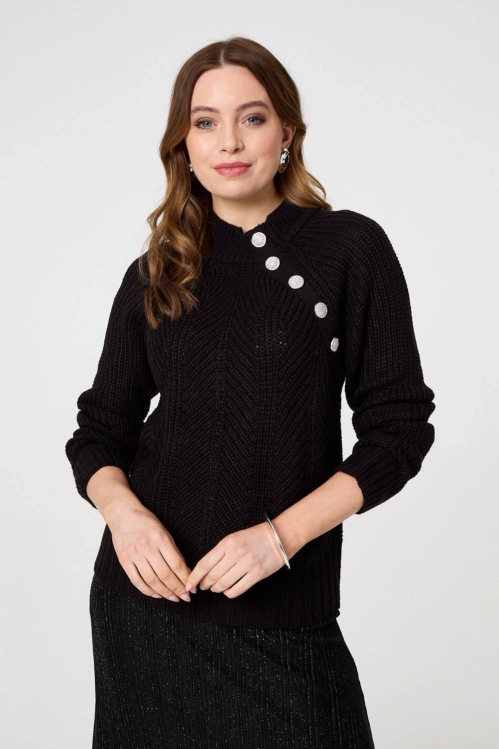 Izabel London Textured Knit Button Detail Jumper In Black Izabel London Textured Knit Button Detail Jumper In Black