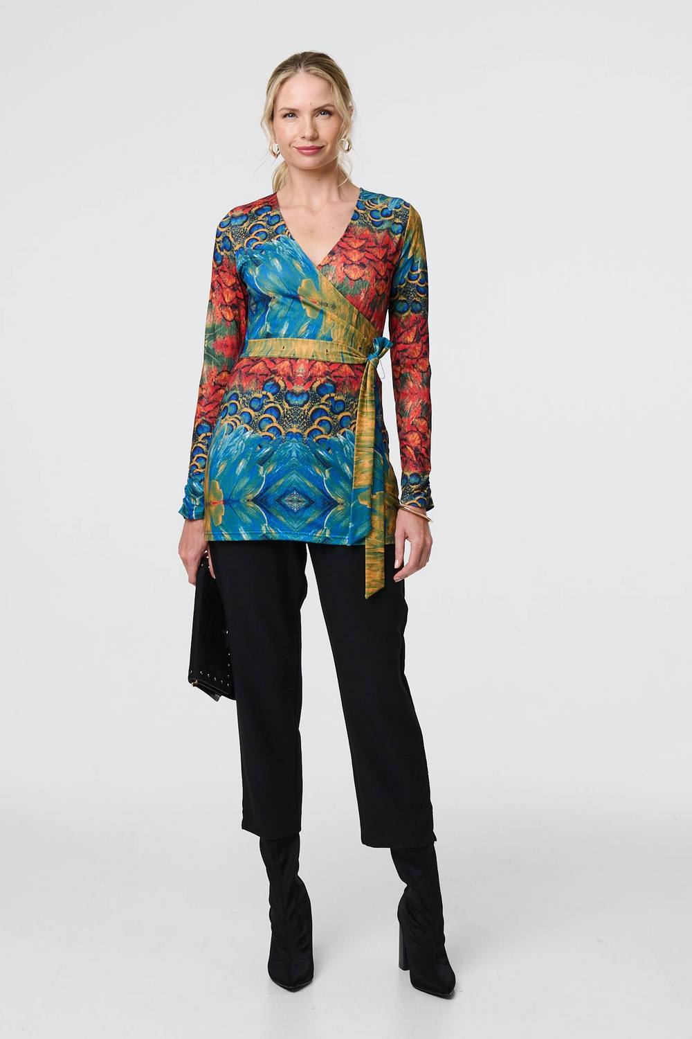 Izabel London Printed Tie Waist Long Sleeve Wrap Tunic Top In Blue Izabel London Printed Tie Waist Long Sleeve Wrap Tunic Top In Blue