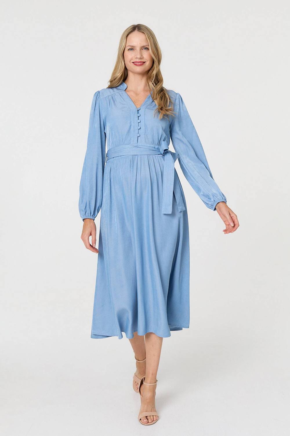 Izabel London Long Sleeve Empire Tie Waist Midi Dress In Blue