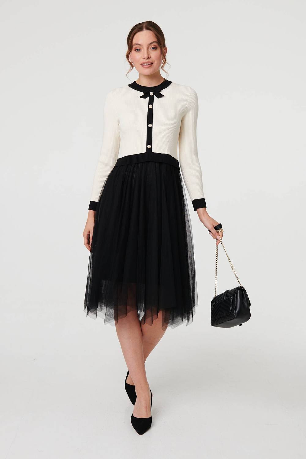 Izabel London Button Front Mesh Textured Jumper Dress
