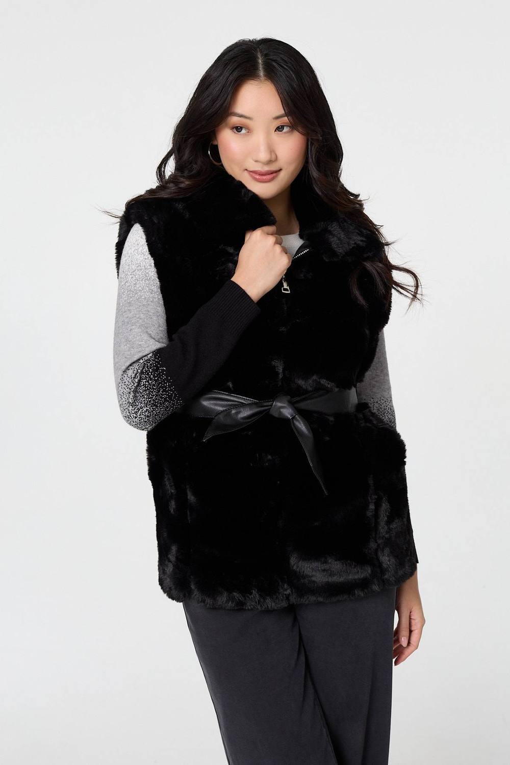 Izabel London Faux Fur Sleeveless Tie Waist Gilet In Black Izabel London Faux Fur Sleeveless Tie Waist Gilet In Black