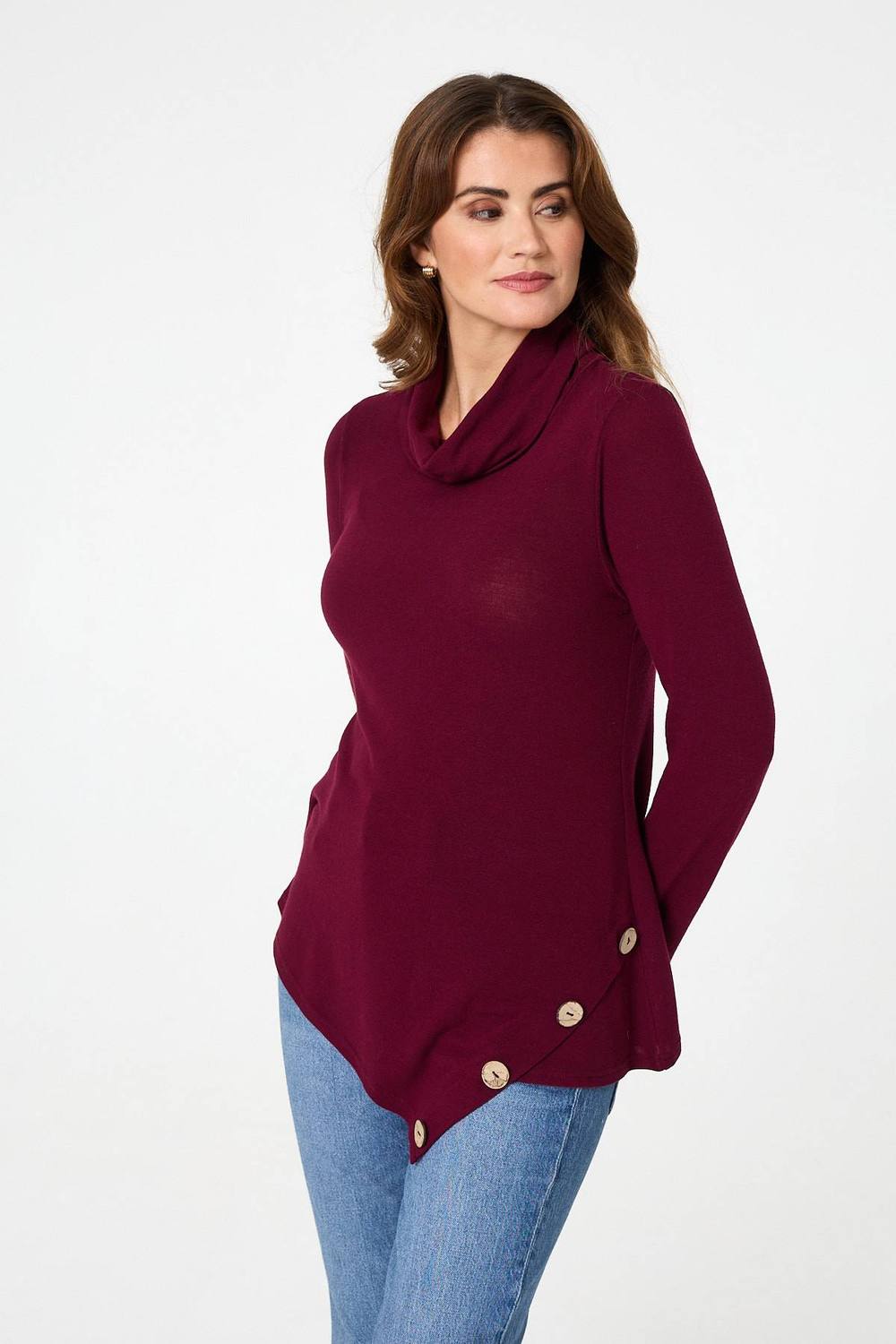 Izabel London Cowl Neck Asymmetric Long Sleeve Top In Red Izabel London Cowl Neck Asymmetric Long Sleeve Top In Red