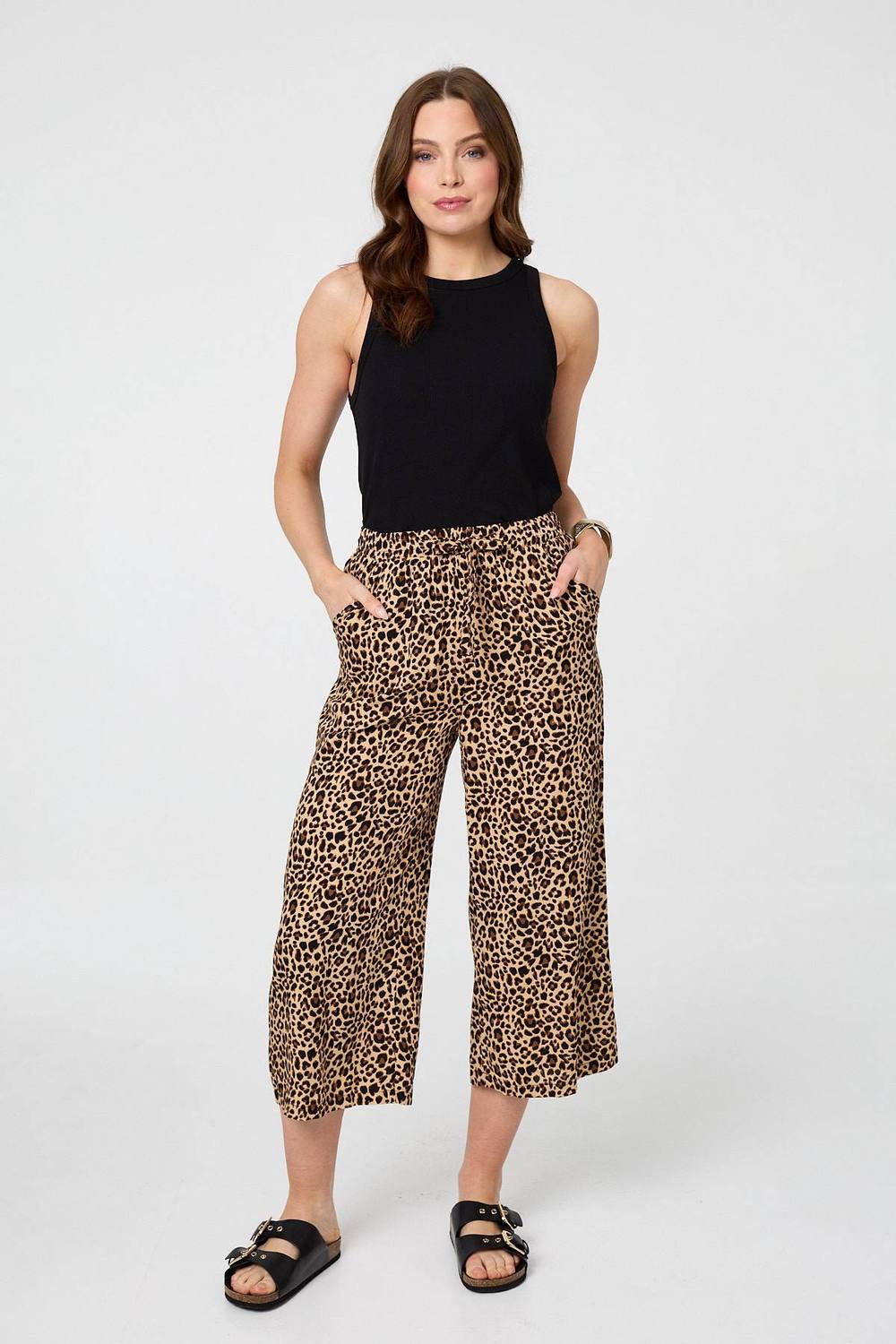 Izabel London Animal Print High Waist Wide Trousers In Beige Izabel London Animal Print High Waist Wide Trousers In Beige