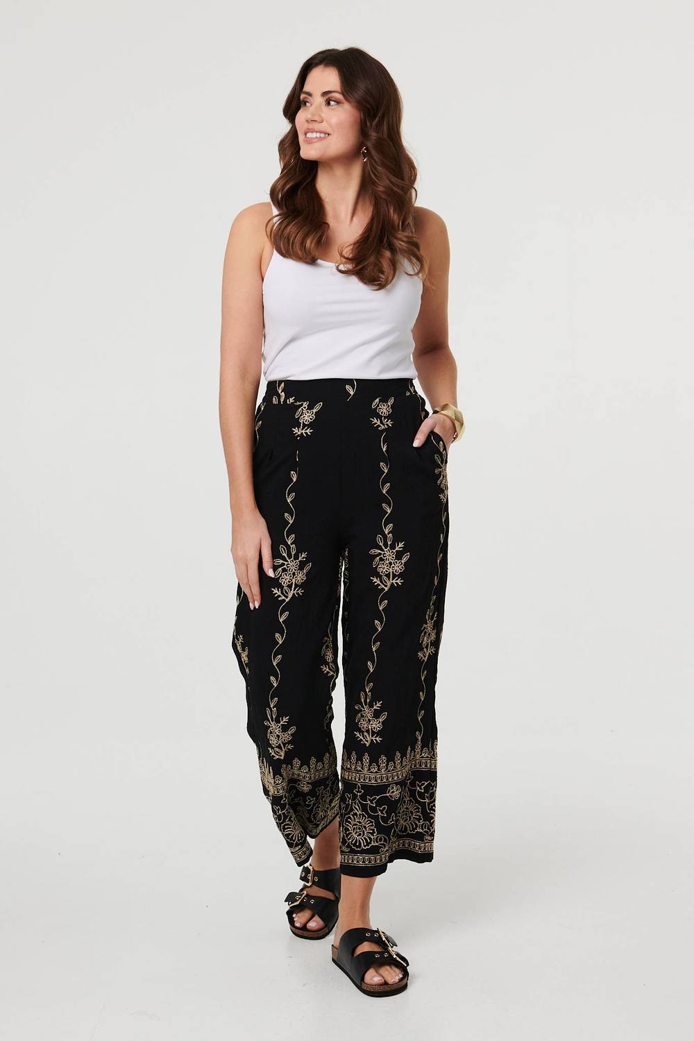 Izabel London Embroidered High Waist Wide Trousers In Black Izabel London Embroidered High Waist Wide Trousers In Black